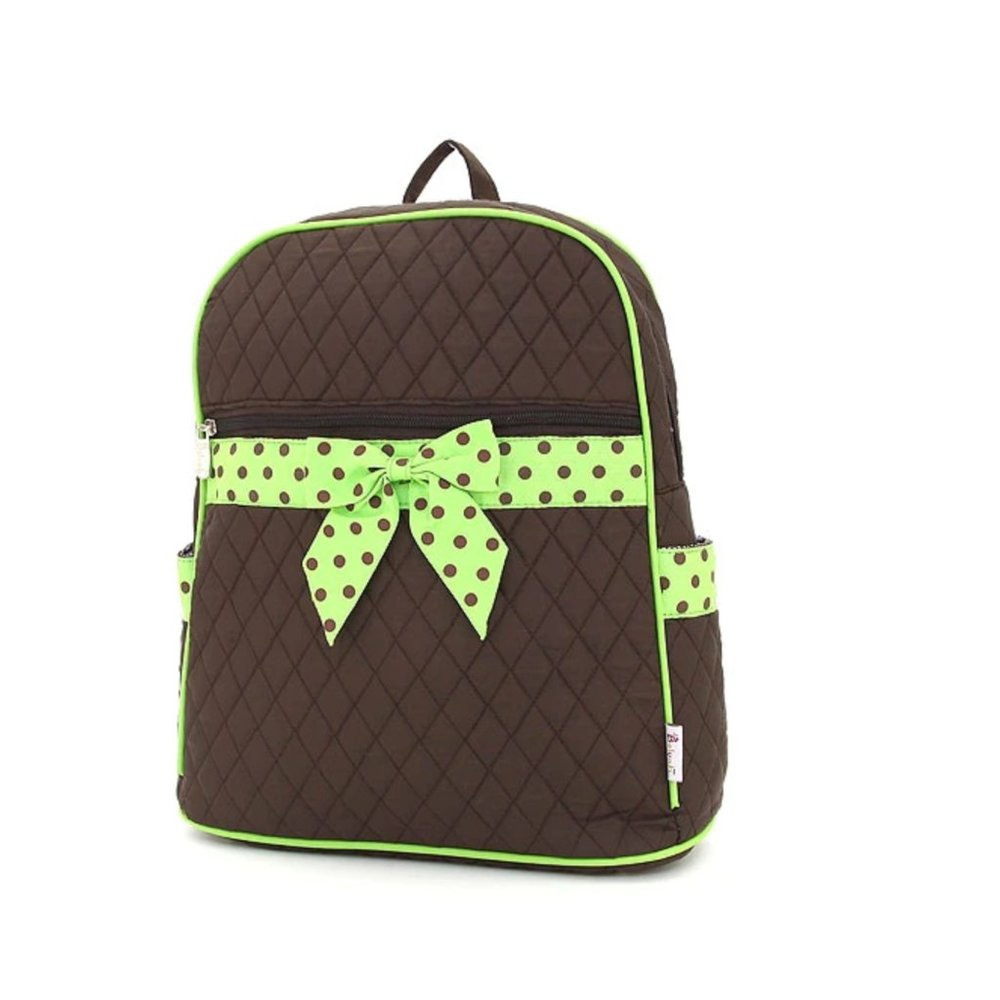 Quilted Brown and Lime Polka Dot Backpack with Bow